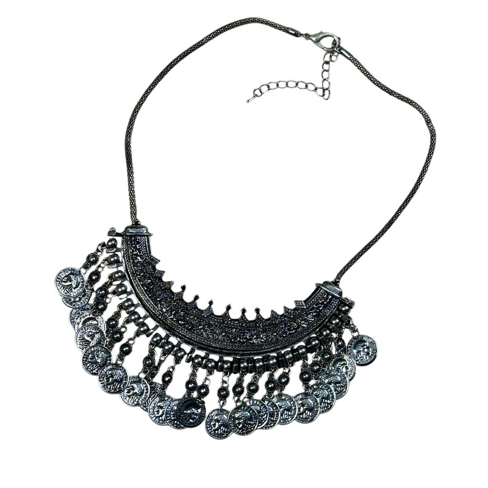 Boho Oxidized Silver Tone Tribal Coin Fringe Bib Necklace Statement Choker - Picture 2 of 14